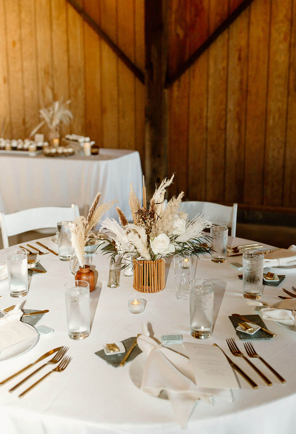 Pampas grass and dried floral centerpieces